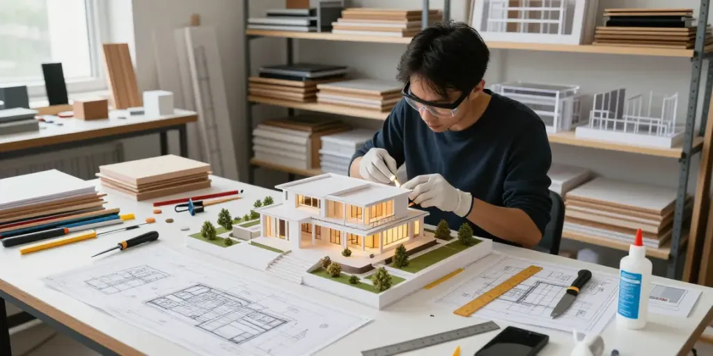 Detailaufnahme eines 1:100 Premium Modelle Villenmodells im Designprozess