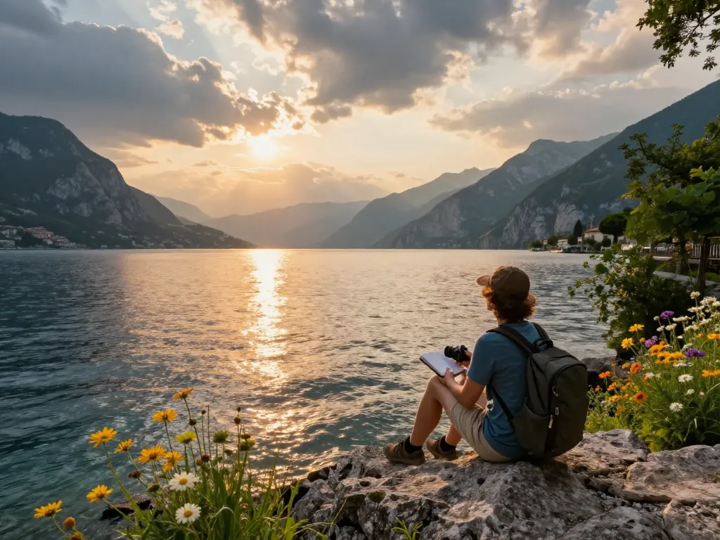 Schöner Sonnenuntergang am Gardasee mit einem Reisenden, der Gardasee Reisetipps erkundet und die Natur genießt.