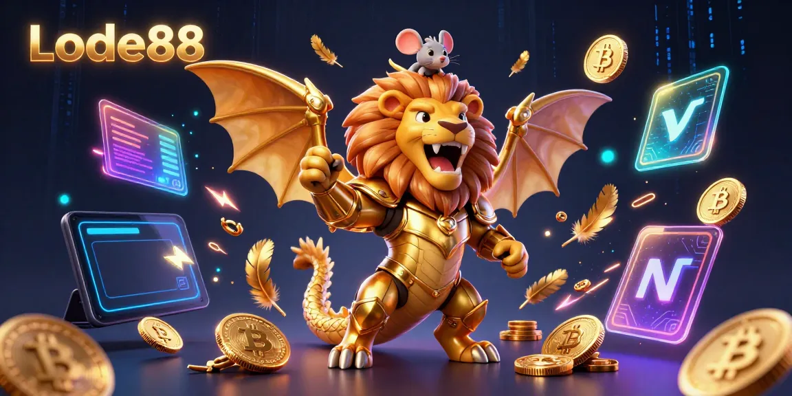 Win big at Lode88 with this thrilling 3D illustration of a heroic chimera and crypto elements.