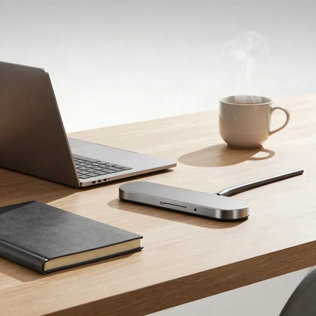 Offenes MacBook mit Dock, Notizblock und dampfender Tasse auf heller Holzplatte.
