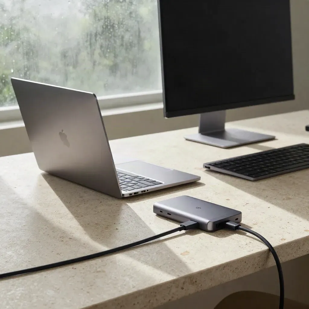 MacBook Pro, SSD, Hub und Zubehör auf hellem Steintisch im Morgenlicht