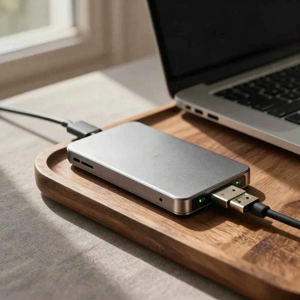 Externe SSD neben geschlossenem MacBook auf Holztablett im warmen Fensterlicht.