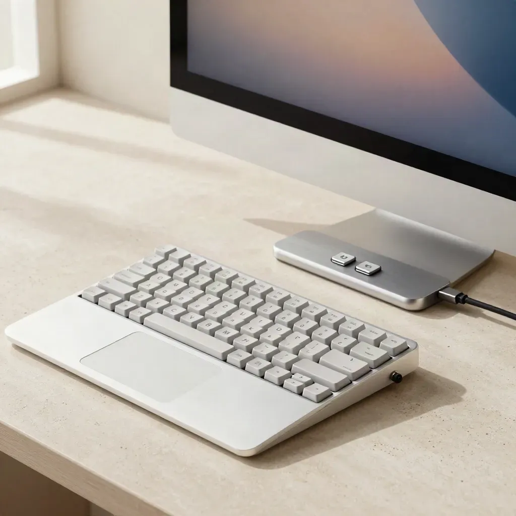 Mac-Setup mit Tastatur, Trackpad, Dock und zwei Hardware-Shortcuts im hellen Studio