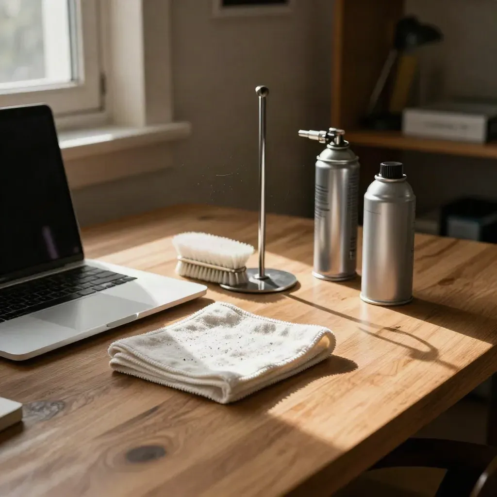Offenes MacBook mit Tuch, Bürste, Druckluftdose und Metallständer auf hellem Holz.