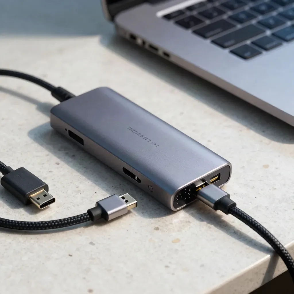 USB-C-Hub, Ersatzkabel und SSD-Adapter neben halb geschlossenem MacBook auf Werkbank