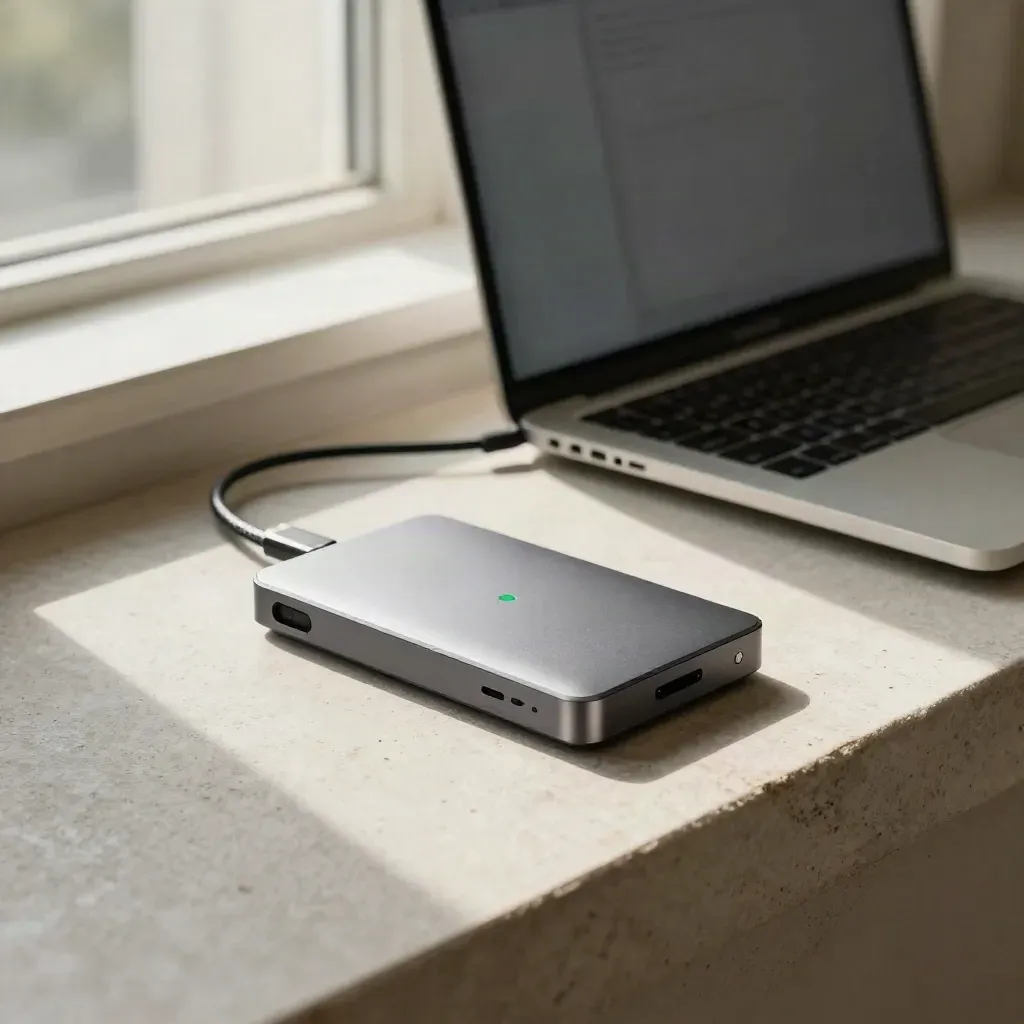 MacBook und externer SSD-Drive auf hellem Stein, erstes Backup im Morgenlicht.