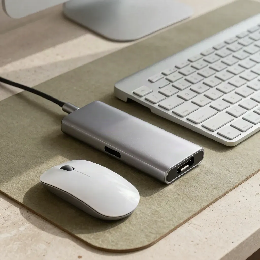 USB-C-Hub, Maus, flache Tastatur und Aluminiumständer auf khakifarbener Steinfläche