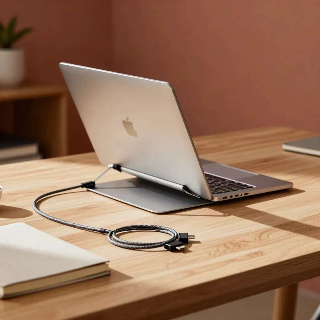 MacBook auf Ständer, Tastatur und Kabel unter der Tischkante im ruhigen Arbeitsflow.