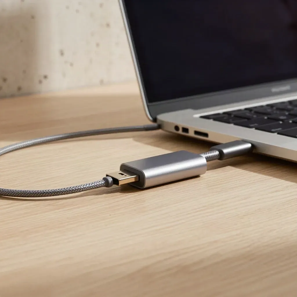 MacBook mit angeschlossenem Backup-Laufwerk auf hellem Holz, sanftes Abendlicht.