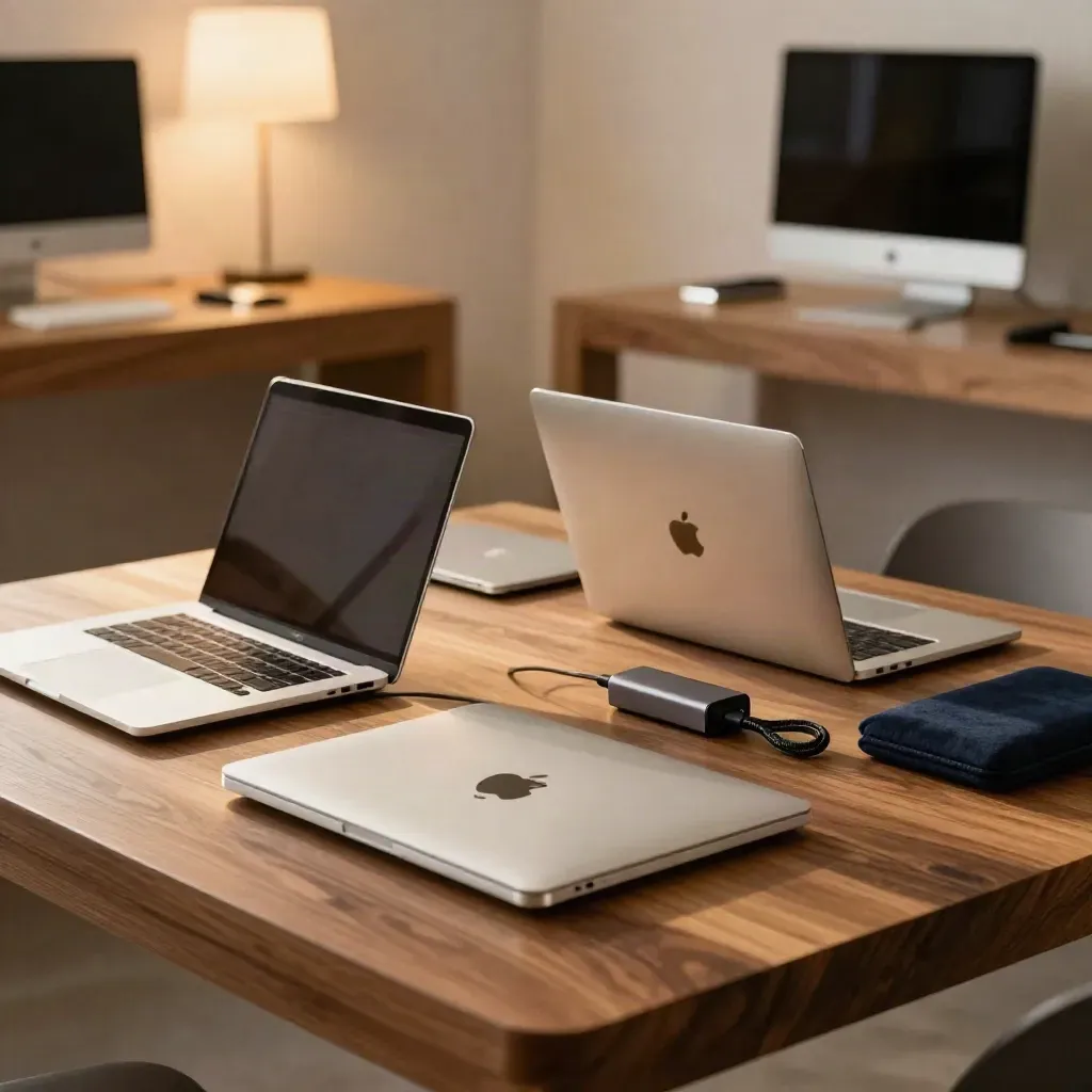 Drei geschlossene MacBooks in verschiedenen Größen auf einem warmen Holztisch im Showroom.