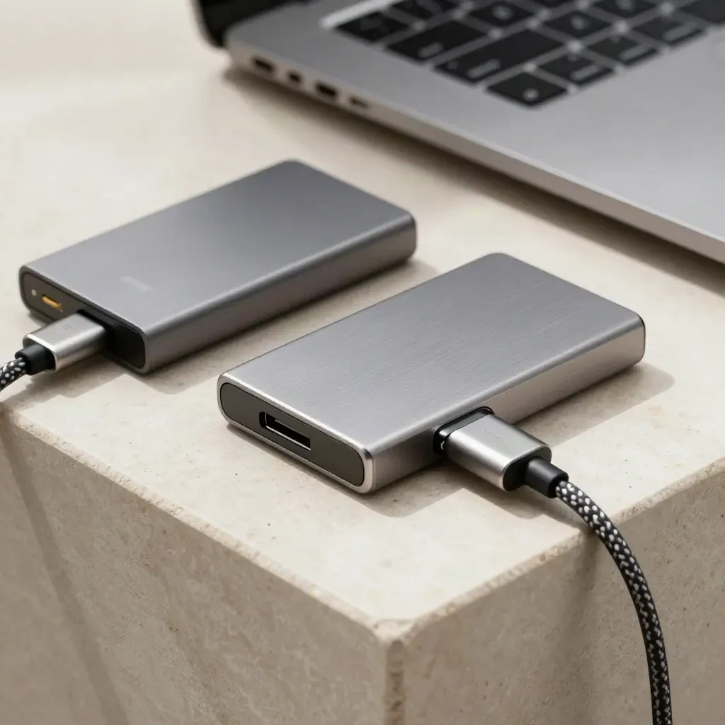 Zwei SSDs und ein MacBook-USB-C-Anschluss in einer klaren Nahaufnahme auf Stein.