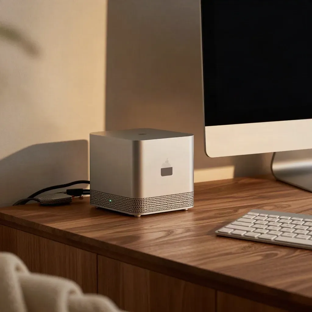 Mac mini, Monitorständer, Tastatur und Router-Ecke im warmen Wohnzimmerlicht.