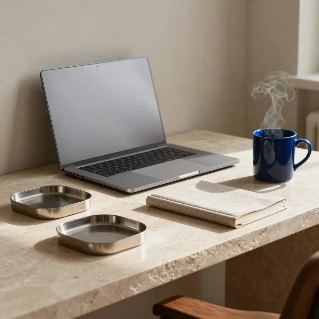 Geschlossener MacBook mit Ablagen und Tasse im warmen Fensterlicht auf hellem Sideboard