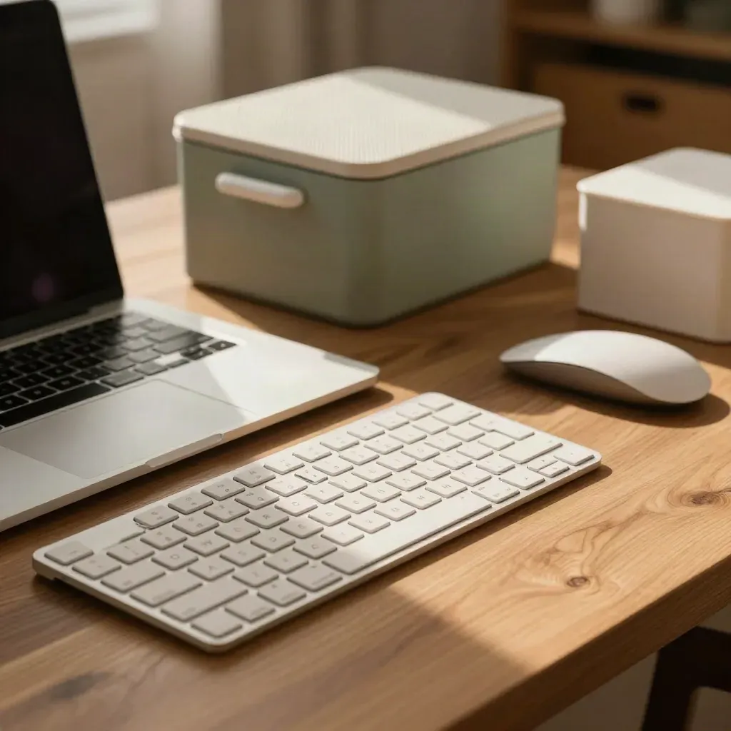 Aufgeräumter Mac-Schreibtisch mit Trackpad, Tastatur, Boxen und geschlossenem MacBook.