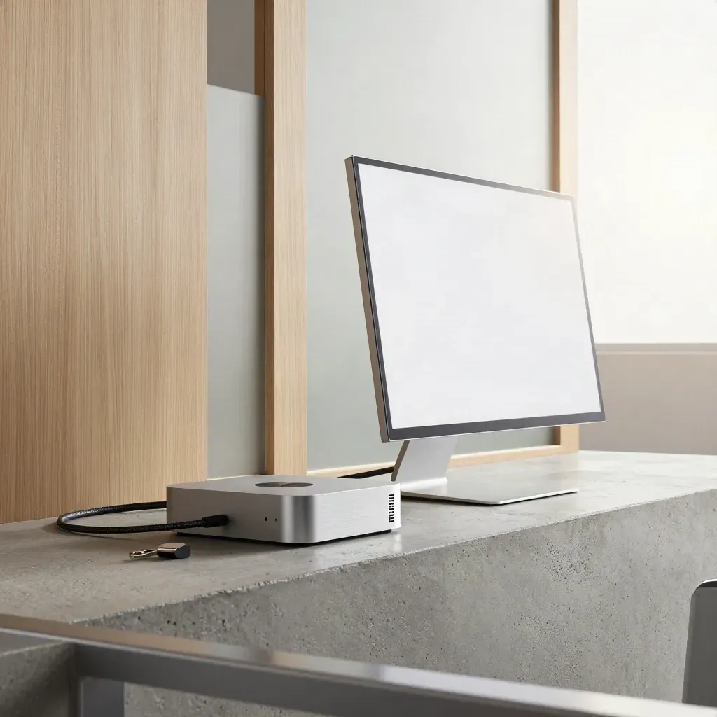Externer Monitor auf Arm, darunter Mac mini und Dock mit sauberen Kabeln im hellen Setup.