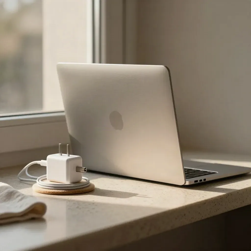 Halboffenes MacBook mit Netzteil und Kabel am hellen Fensterplatz im Abendlicht.