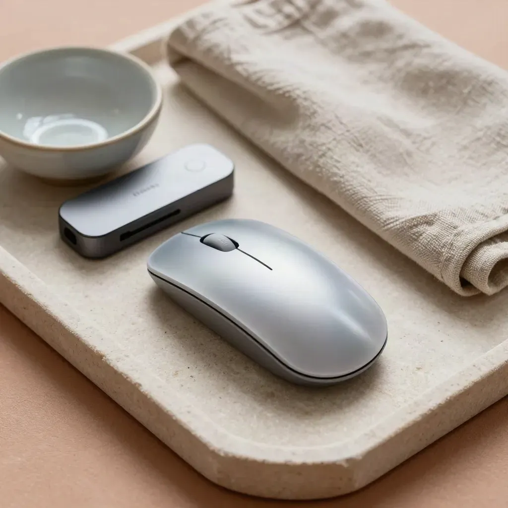 Silberne Mac-Maus, Mini-Hub, Leinentuch und Keramikschale auf einer Steinplatte.