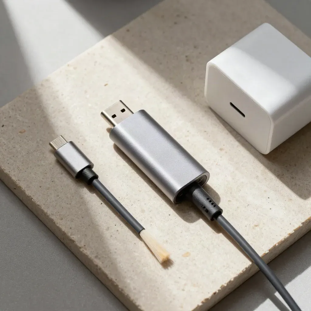 USB-C-Diagnose-Set mit Adapter, Kabel, Pinsel und Ladegerät auf Stein.