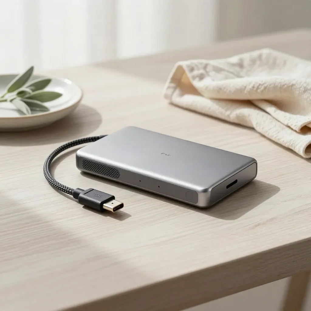 Externe SSD im Backup-Case mit Kabel und Leinenfalte auf hellem Holz.