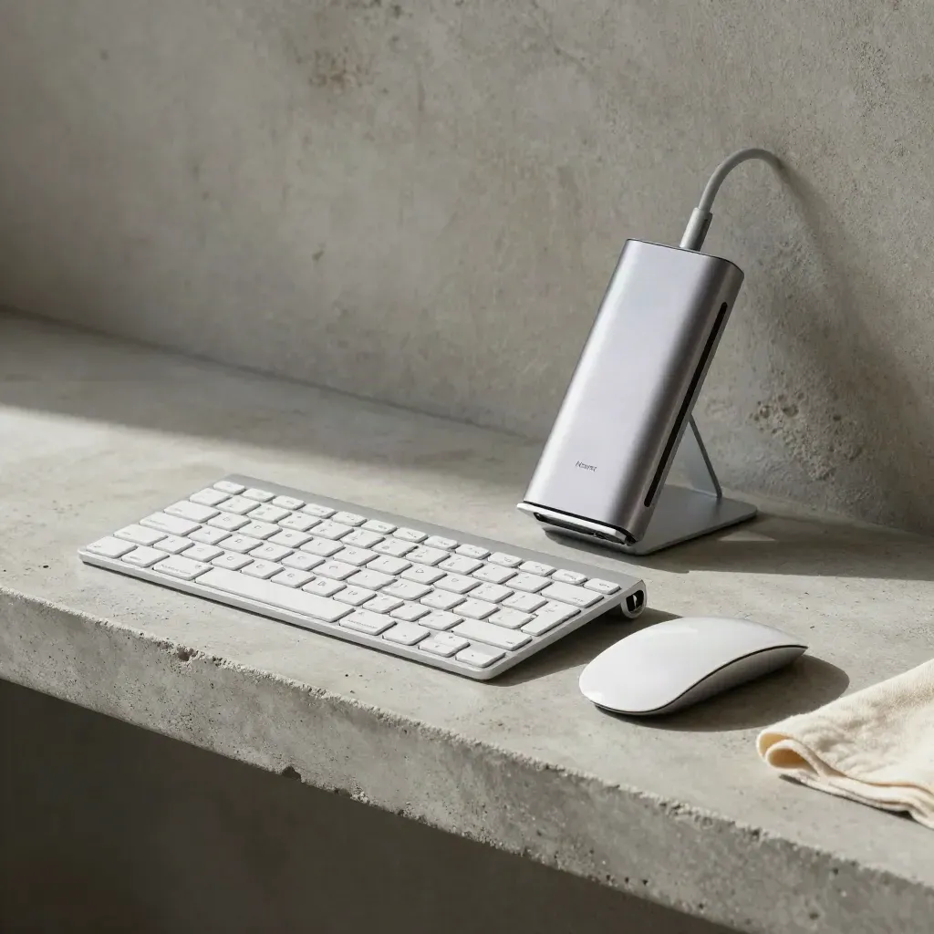 Mac-Maus, Tastatur, Hub und Alu-Ständer auf Steinregal im sanften Seitenlicht.