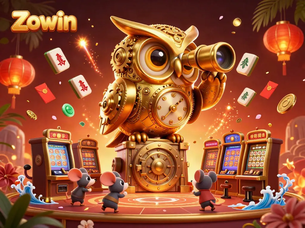 Zowin features an impressive golden owl atop a vault with dynamic game elements in an exciting casino scene.