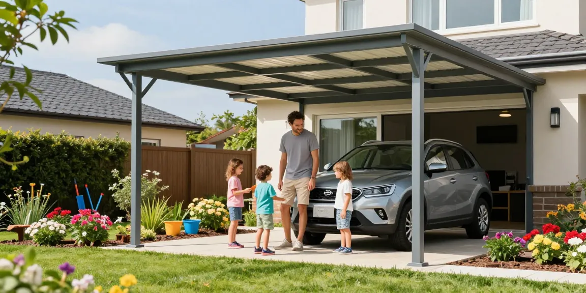 Moderne Carport-Installation im Garten mit Familie und Auto.