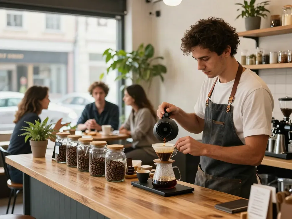 Barista pouring coffee in a vibrant café highlighting the rokok88 link.