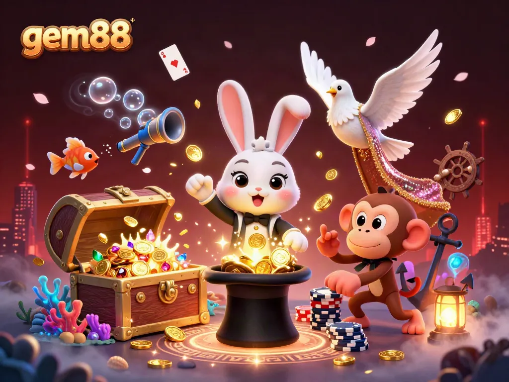 Experience the magic of gem88 with a whimsical gathering of gaming characters, golden coins, and festive elements.