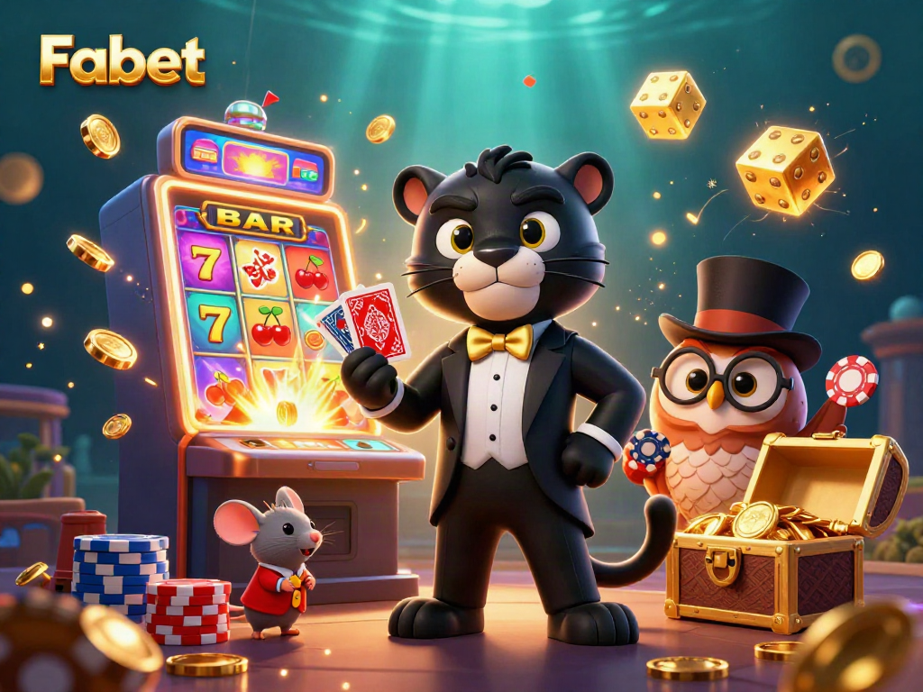 Experience the excitement of Fabet with vibrant characters and casino elements in a 3D gaming illustration.