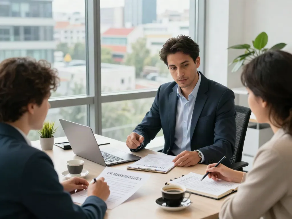 Bester Immobilienmakler Frankfurt zeigt Kunden Vertragsunterlagen in modernem Büro.