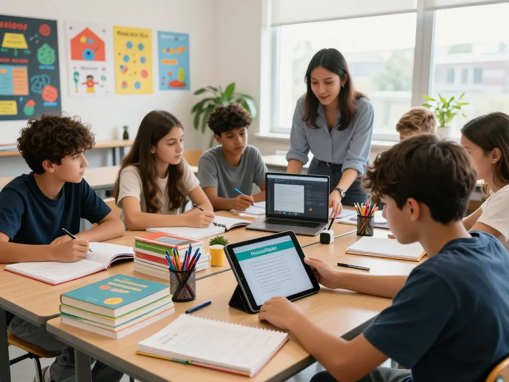Schüler, der eine Hausaufgaben Scanner-App in einem lebhaften Klassenzimmer nutzt und sich mit digitalem Lernen beschäftigt.