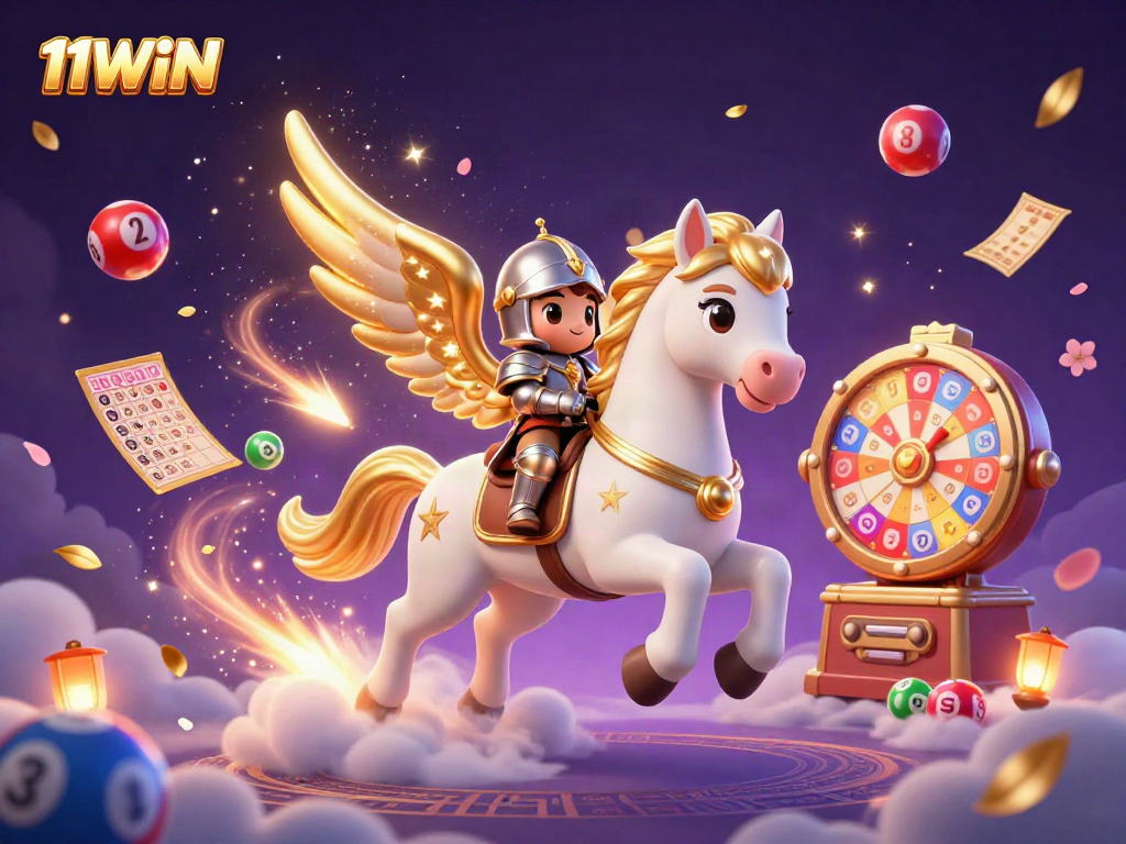 Engage with 11WIN's dynamic casino scene featuring a celestial horse and lottery elements in vibrant colors.