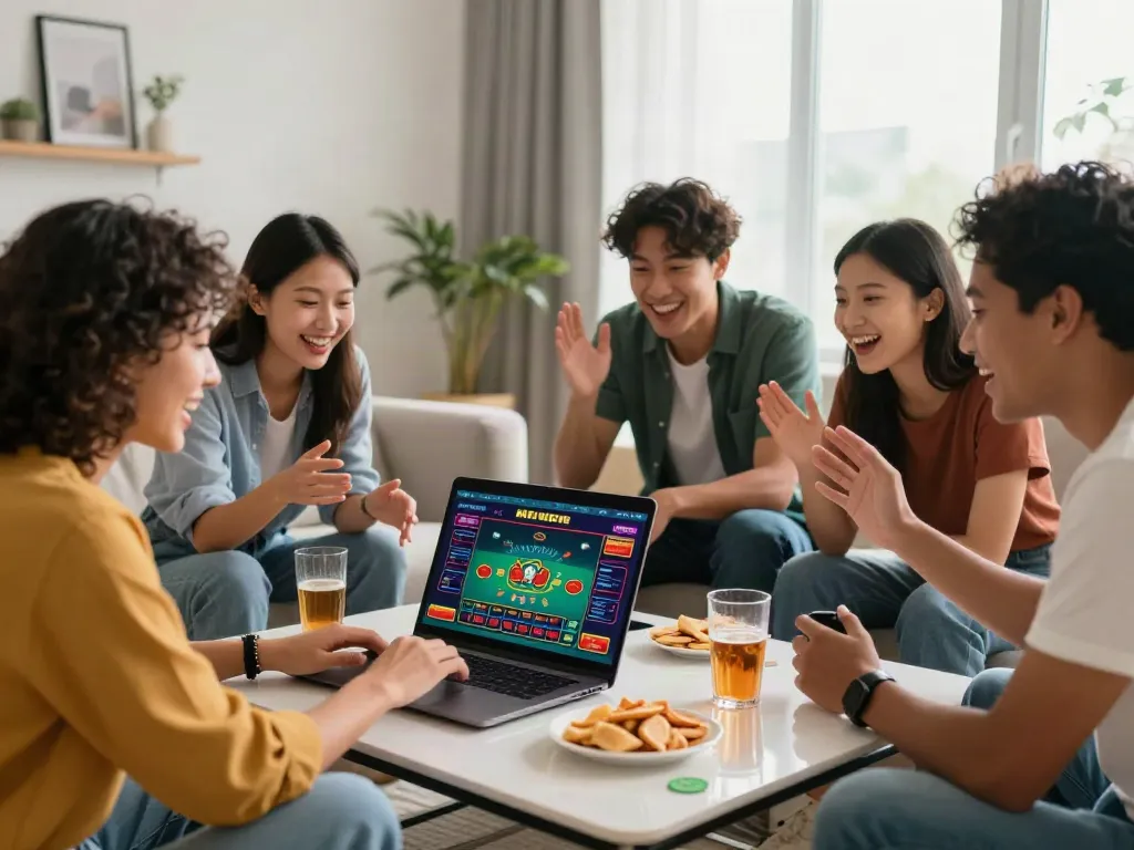 Friends enjoying online casino games at home with NBET platform, lively atmosphere and engaging interface.