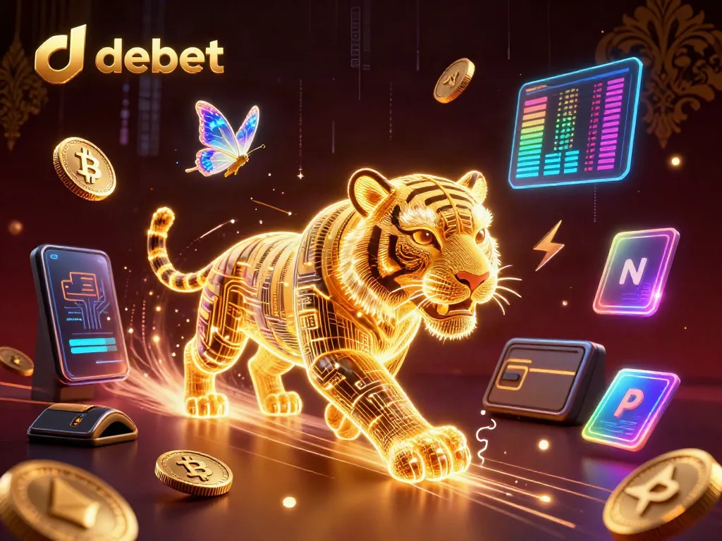 Experience the vibrant digital casino atmosphere with the debet tiger character, coins, and holograms.