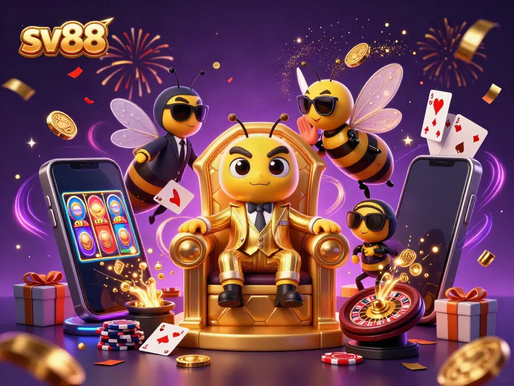 Experience the excitement of sv88 with a lively casino illustration showcasing game elements and characters