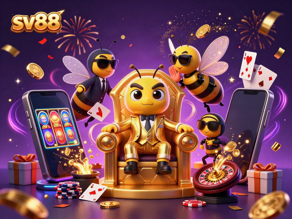 Experience the excitement of sv88 with a lively casino illustration showcasing game elements and characters