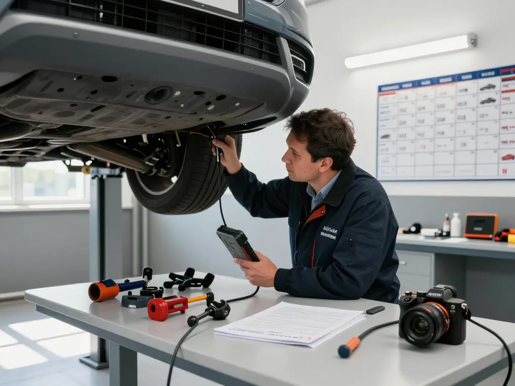 Kfz Sachverständiger Bonn führt eine gründliche Fahrzeuginspektion in einer professionellen Garage durch und zeigt Fachkenntnisse mit Diagnosetools.