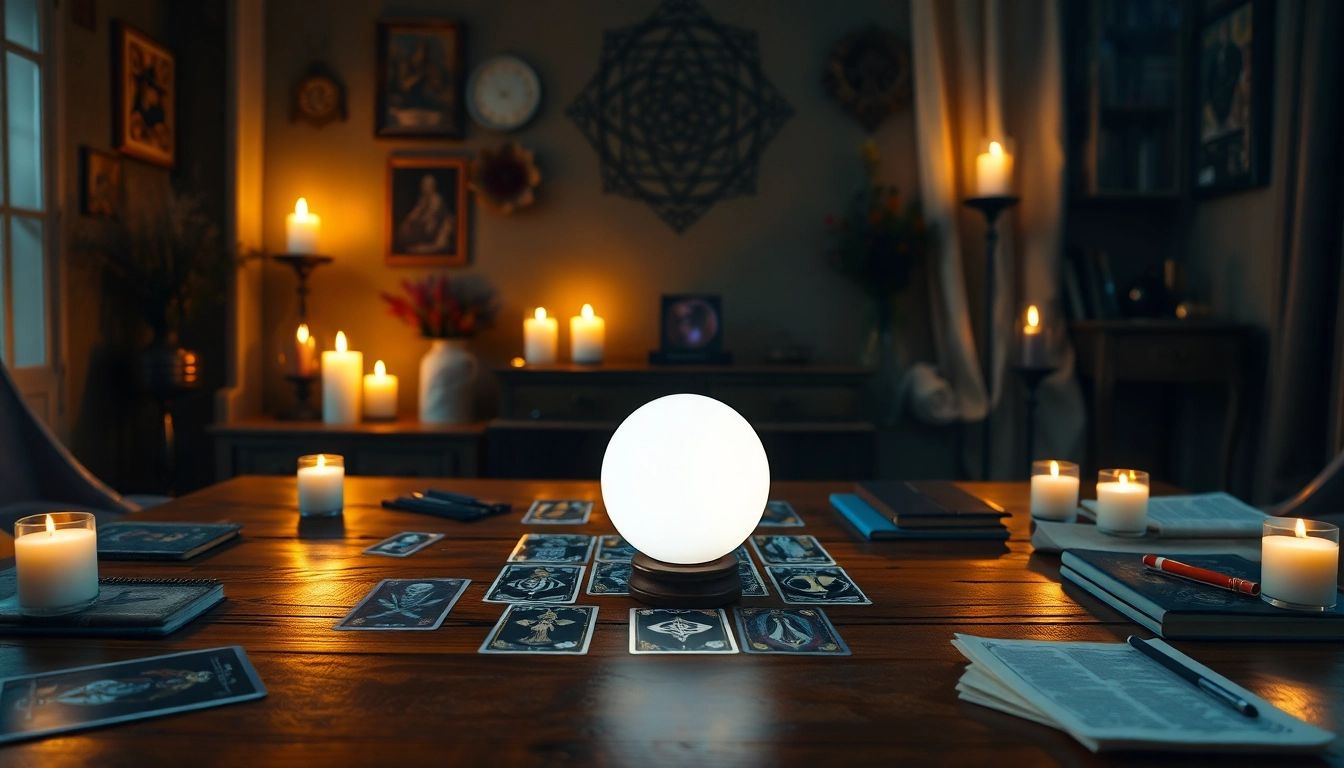 Hellseher online interpretiert Karten in einem warmen, mystischen Raum mit Kerzenlicht.