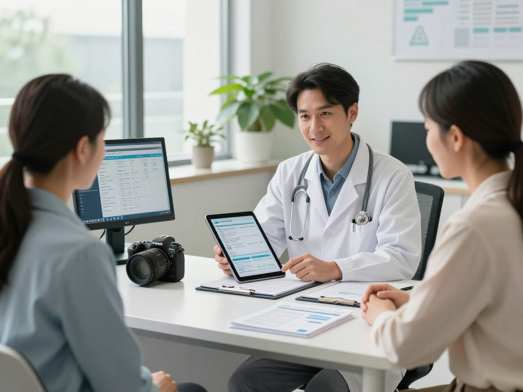Engaging healthcare office scene showcasing Gesundheitswesen Arzt in a modern clinic with doctor and patient interaction.