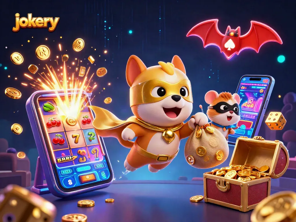 Experience the thrill of jokery at the casino with a vibrant 3D illustration featuring superhero dog and hamster.