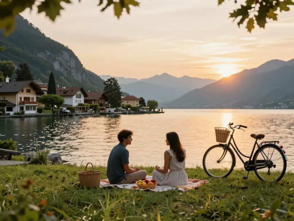 Paar, das ein Picknick mit Blick auf den schönen Gardasee während des Urlaubs am Gardasee genießt.