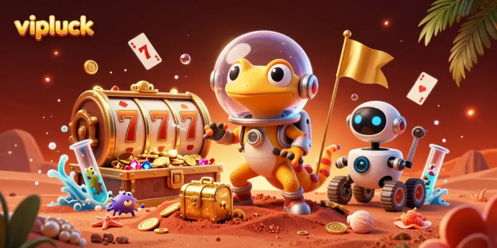Vipluck showcases a vibrant Martian casino scene with exciting slot elements and playful characters.
