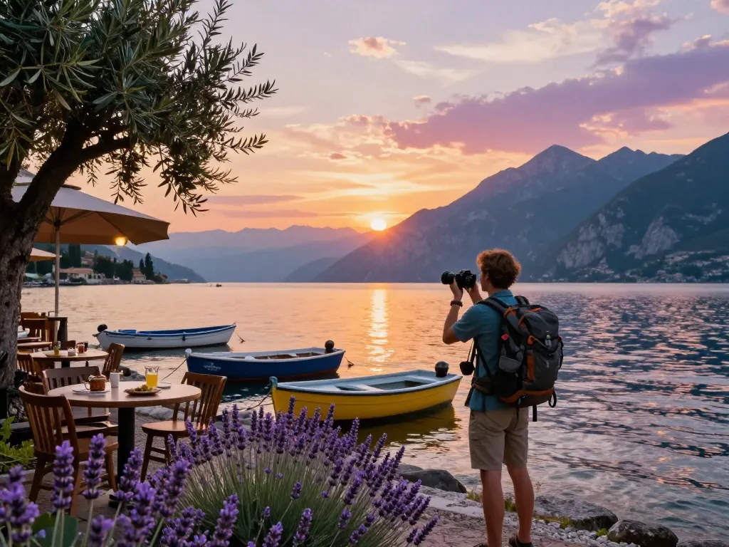 Urlaub am Gardasee: Reisende mit Familie fängt den Sonnenuntergang über dem Gardasee mit dramatischen Bergen und einem lokalen Café ein.