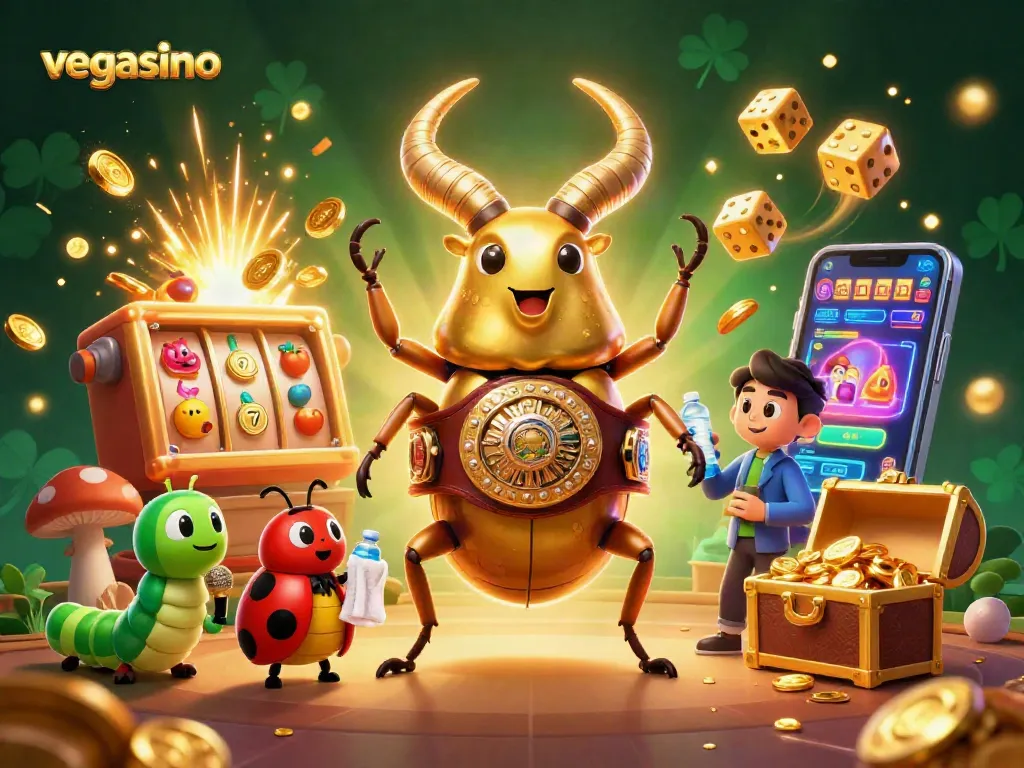Engage with vegasino's thrilling 3D illustrated scene featuring a boxing beetle and slot machine action.