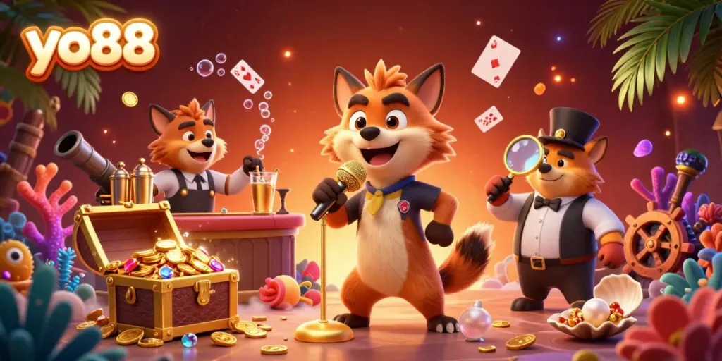 Experience the excitement of yo88 with a lively casino scene featuring animated hyenas engaging in comedic performances, mixing drinks, and managing guests.