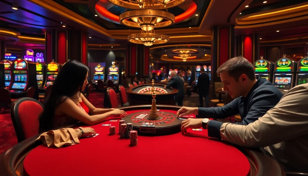 Engaged players enjoying a thrilling game bài at a luxurious casino table.