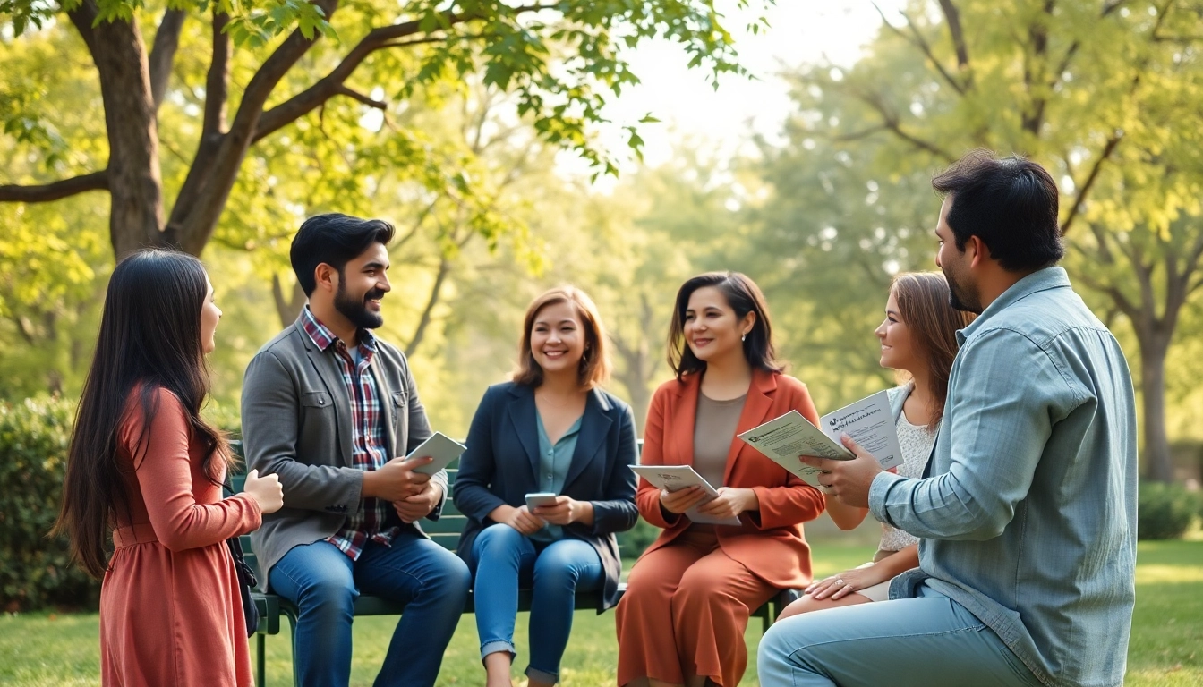 Promote mental health awareness with supportive conversations among diverse individuals in a serene setting.